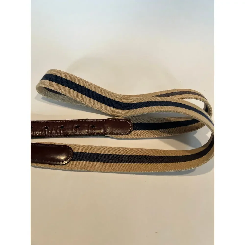 Vintage Leather & Fabric Belt Solid Brass Tan Blue 38 SG